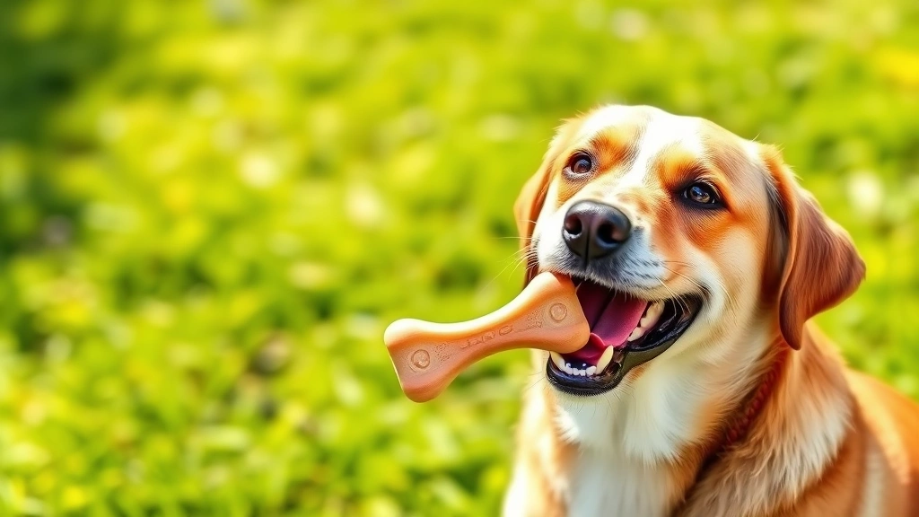 gum-disease-in-dogs - 
Photorealistic photo of a happy dog holding a dental chew toy in its mouth, sit