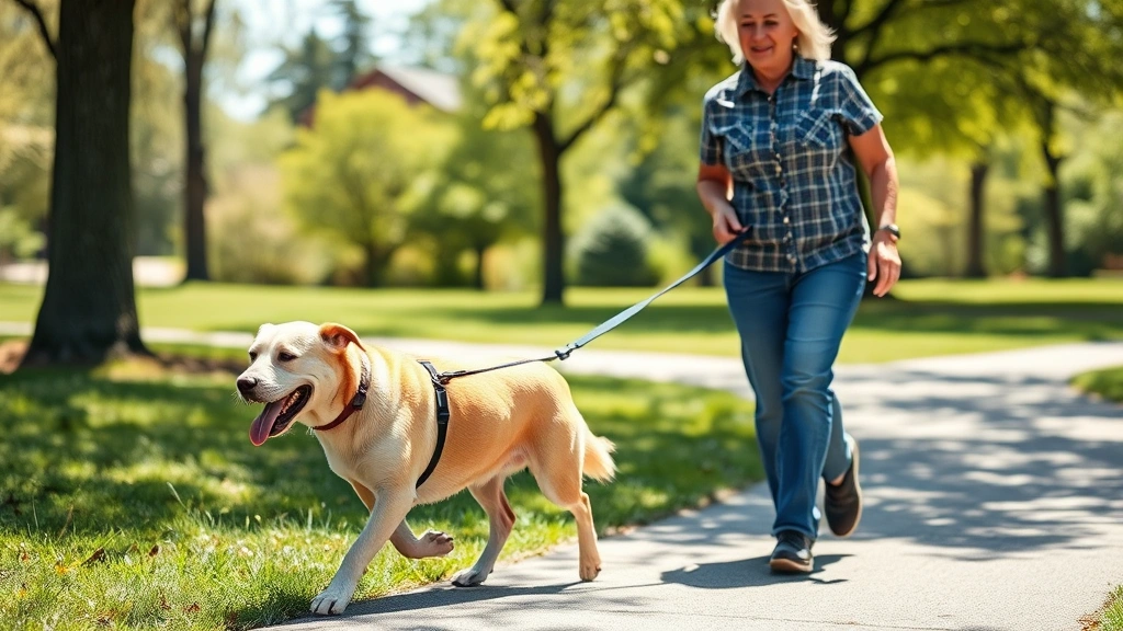 lung-cancer-in-dogs - 
Photorealistic image of an older dog enjoying a gentle outdoor walk on a sunny 
