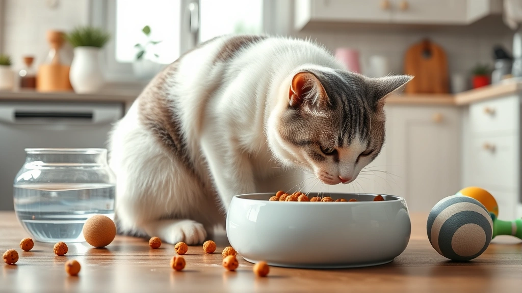 roundworms-cats -
A white and gray cat eating from a food bowl in a clean kitchen, surrounded by