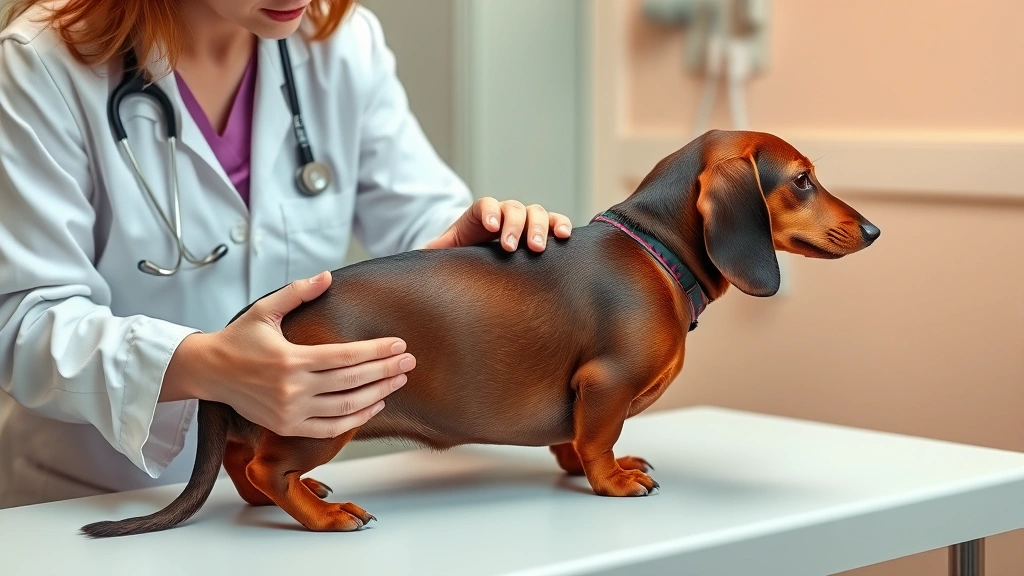 slipped-disc-in-dogs - 
Photorealistic image of a dachshund being gently examined by a female veterinar