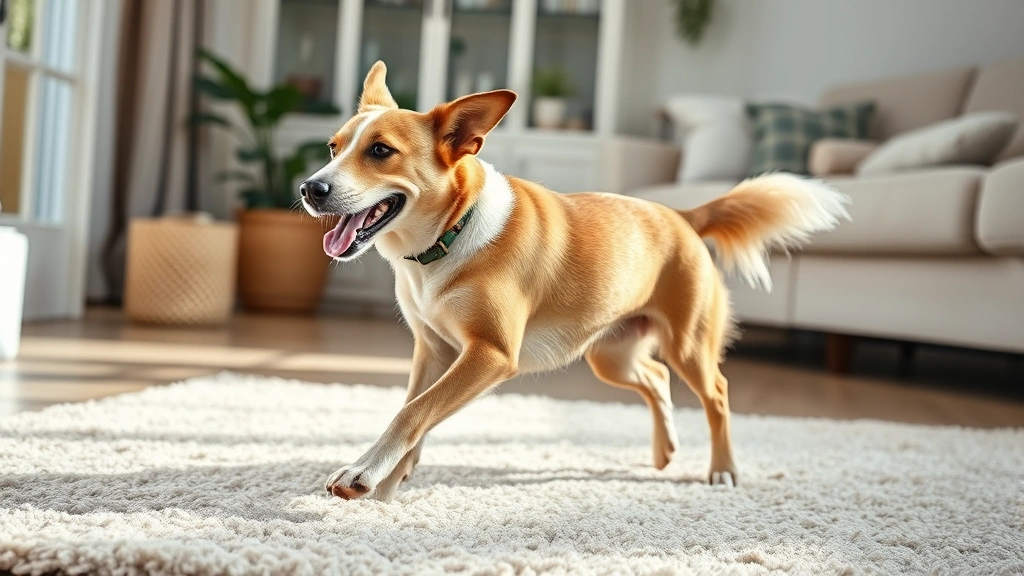 surgical-staples-pets - 
A happy, active dog playing gently indoors on a soft rug after recovery, showin