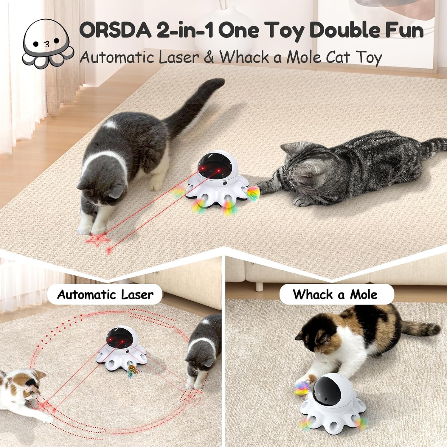 ORSDA Cat Laser Toy, 2-in-1 Interactive Automatic Motion ...